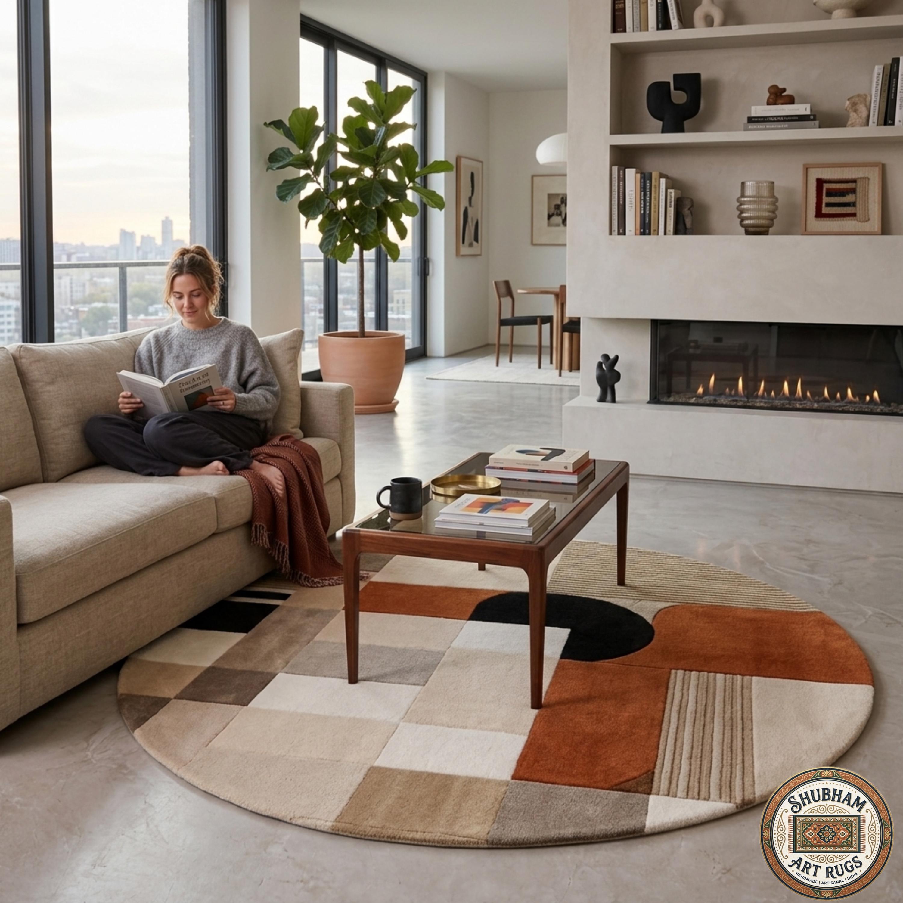 Hand Tufted Wool Rug, Modern Abstract Geometric Beige Terracotta Black Carpet