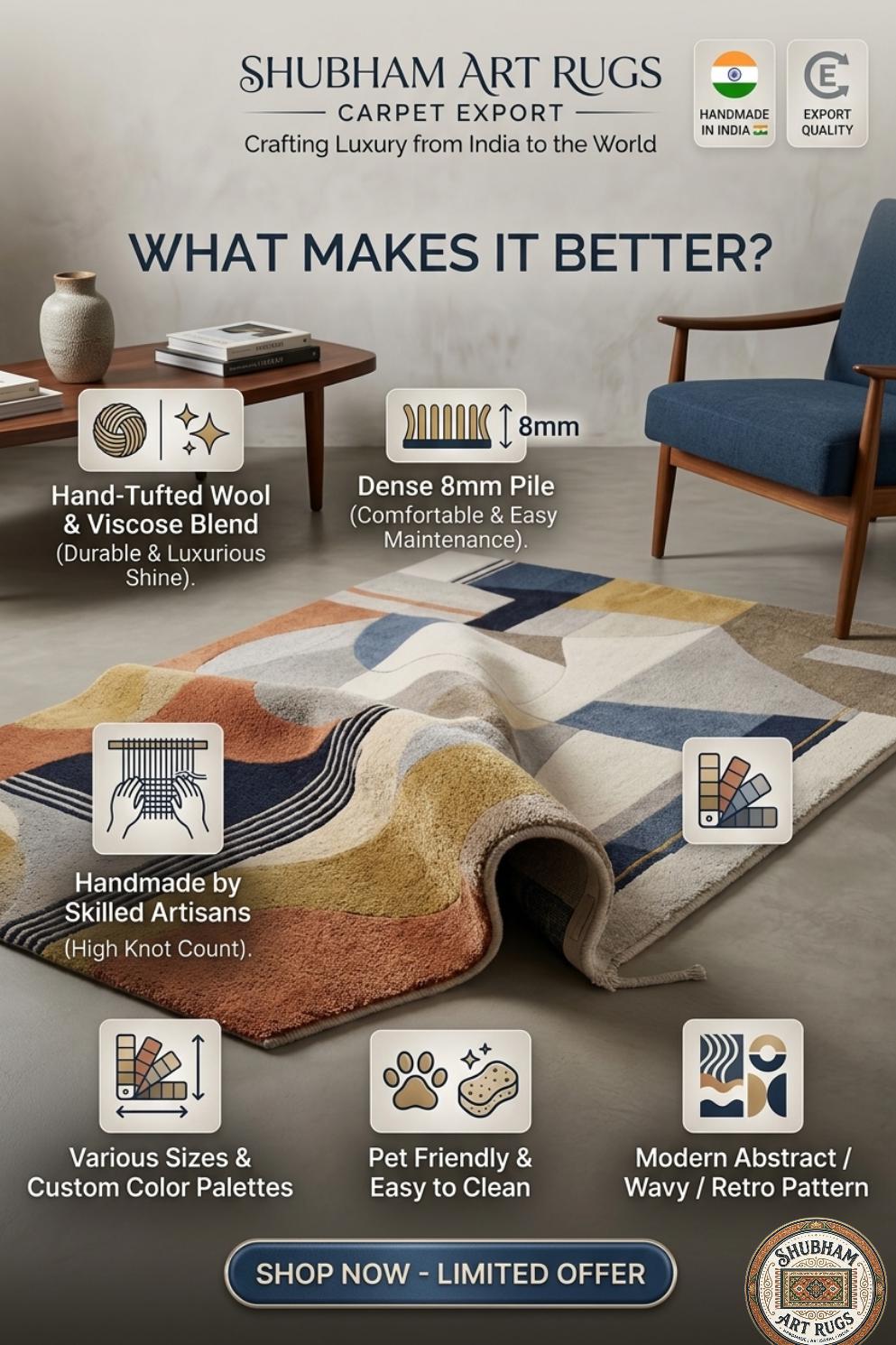 Hand Tufted Wool Rug: Modern Abstract Geometric Area Carpet, Neutral Beige Home Decor
