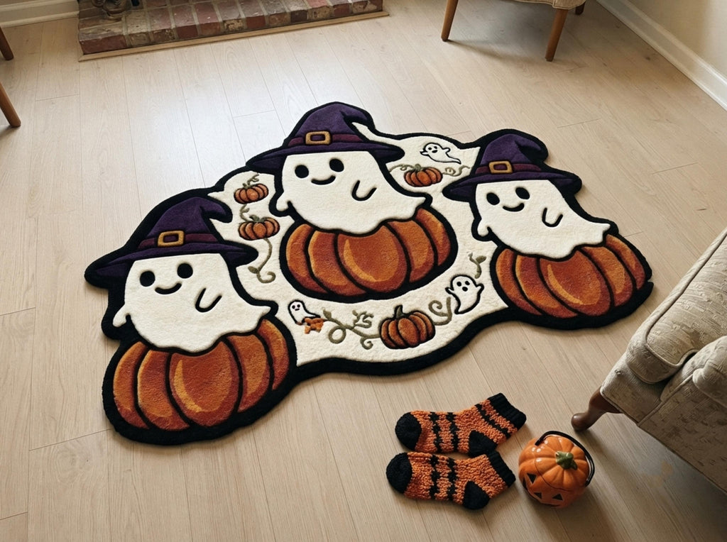 Hand Tufted New Zealand Wool Halloween Rug, Ghosts, Pumpkins, Witch Hats (Custom Shape)