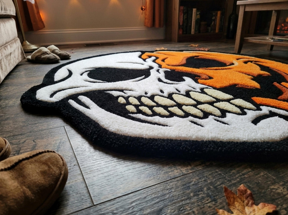Hand Tufted Skull Pumpkin Halloween Wool Rug, Gothic Fall Decor Minimalist Living Room Carpet