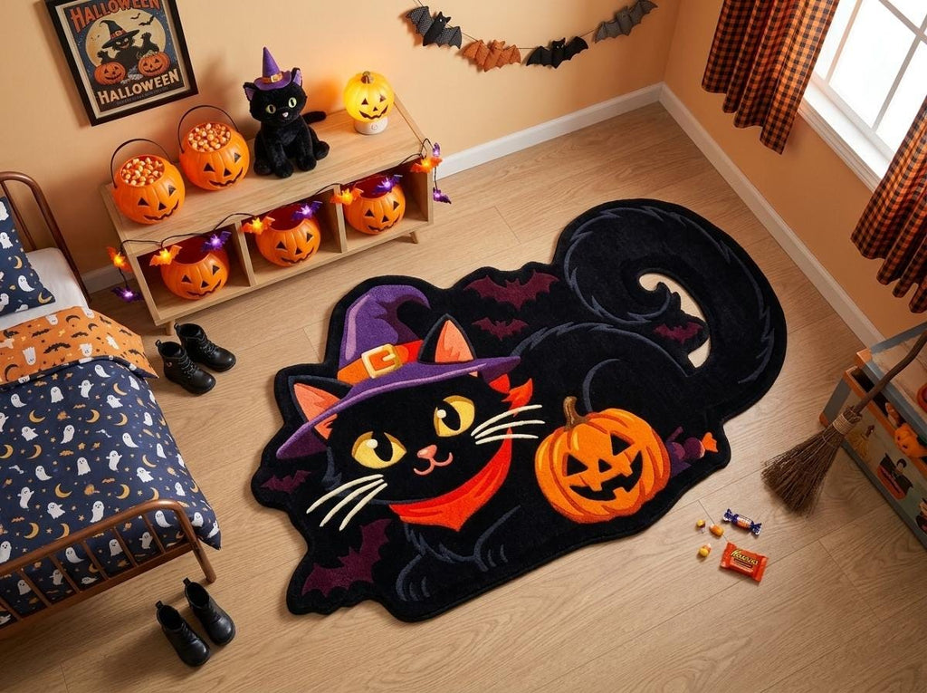Hand Tufted Halloween Cat Rug, Black Cat Witch Rug, New Zealand Wool Area Rug, Spooky Pumpkin Decor, Gothic Fall Home Accent Gift Idea