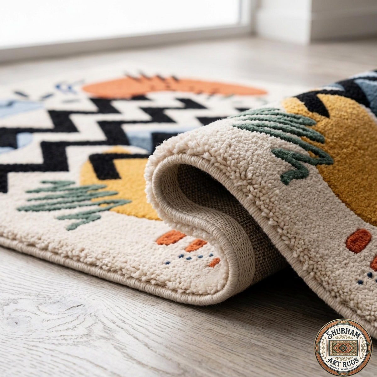 Abstract Hand Tufted Wool Rug, Geometric Indian Carpet, Luxury Living Room Area Rug