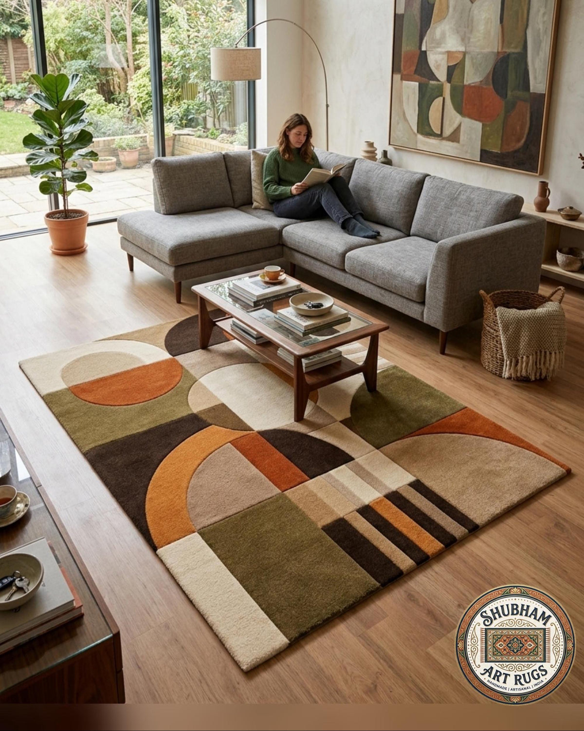 Hand Tufted Wool Rug, Geometric Abstract Mid Century Carpet, Organic Art Home Decor