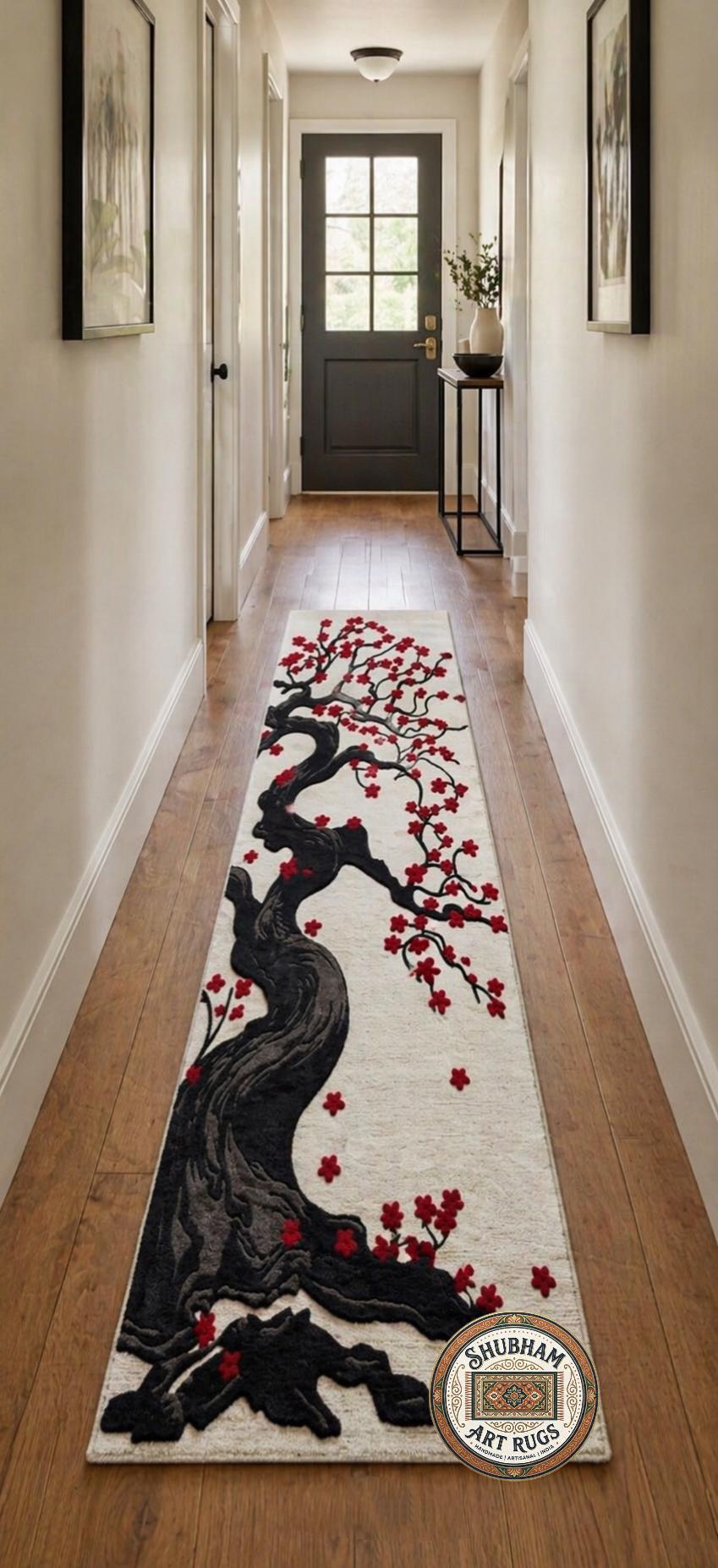 Hand Tufted Wool Rug: Japanese Cherry Blossom Tree Floral Carpet