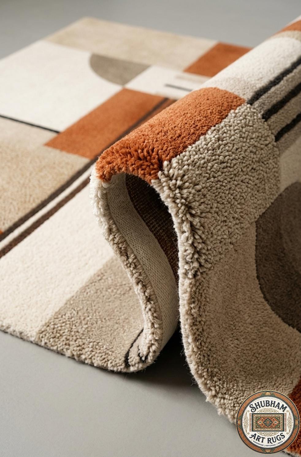 Hand Tufted Wool Rug, Geometric Mid Century Abstract Carpet, Neutral Living Room Area Rug