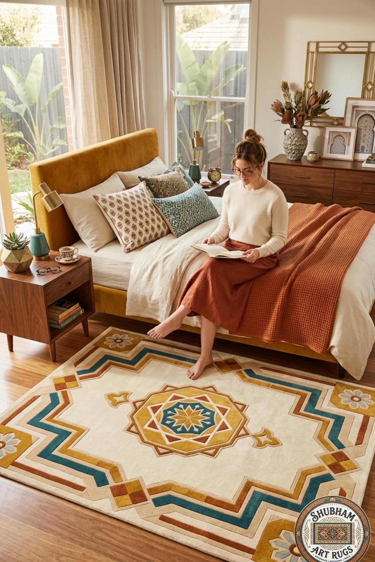 Hand Tufted Wool Rug, Persian Geometric , Cream Teal Gold Moroccan Style