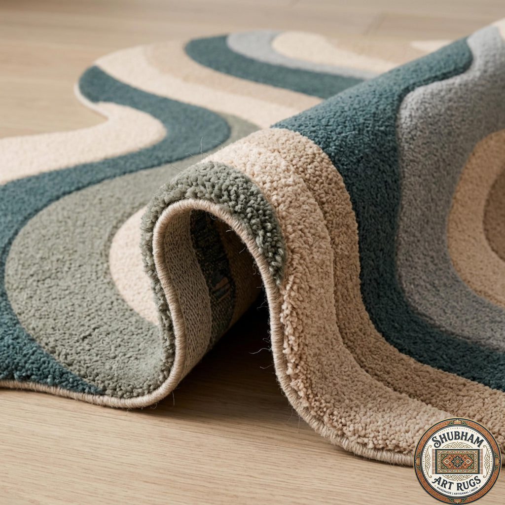 Hand Tufted Wool Rug, Abstract Wavy Area Carpet, New Zealand Blend, Custom Shape Decor