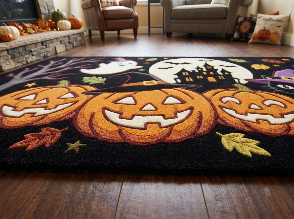 Halloween Pumpkin Ghost Rug, Hand Tufted New Zealand Wool Area Rug, Witchy Haunted House Decor, Spooky Fall Home Accent for Seasonal Style