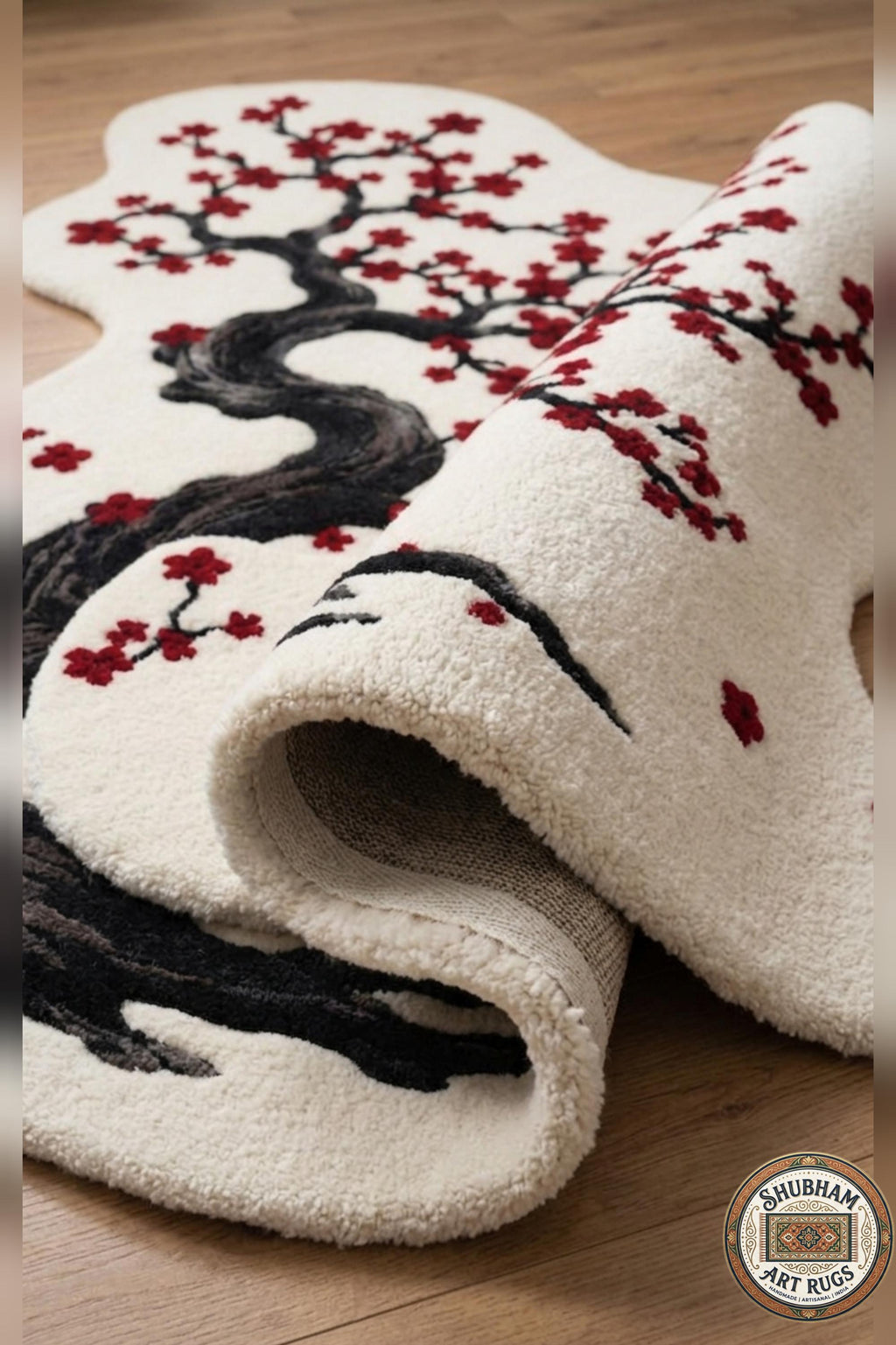 Hand Tufted Wool Rug, Cherry Blossom Tree, Organic Shape, Japanese Floral Carpet