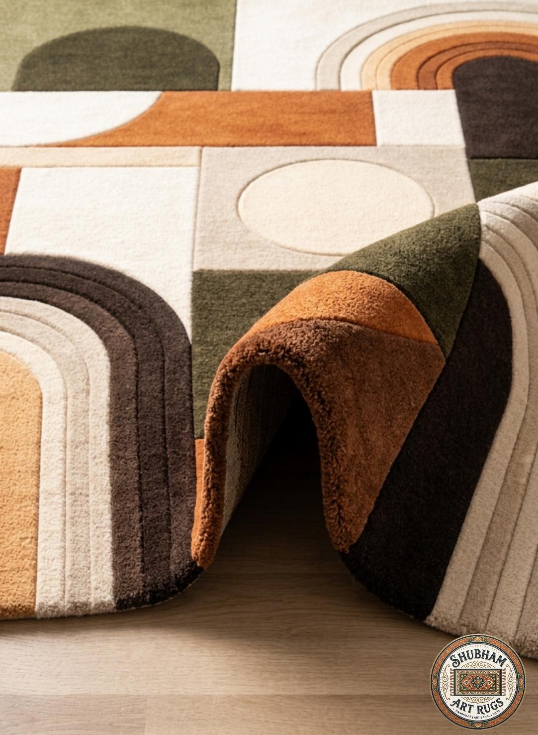 Hand Tufted Wool Abstract Rug, Geometric Boho Neutral Area Carpet