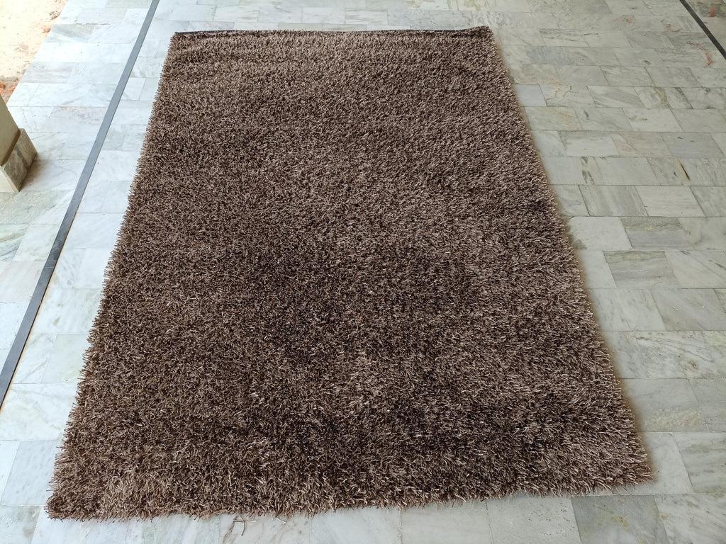 Shaggy Wool Silk Blend Rug 6x9 Ft Brown Beige Plush Modern Carpet