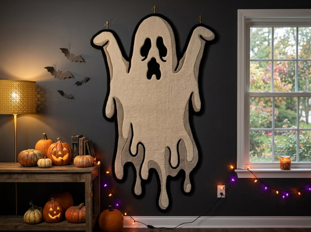Hand Tufted New Zealand Wool Ghost Rug, Cream Black Halloween Area Rug