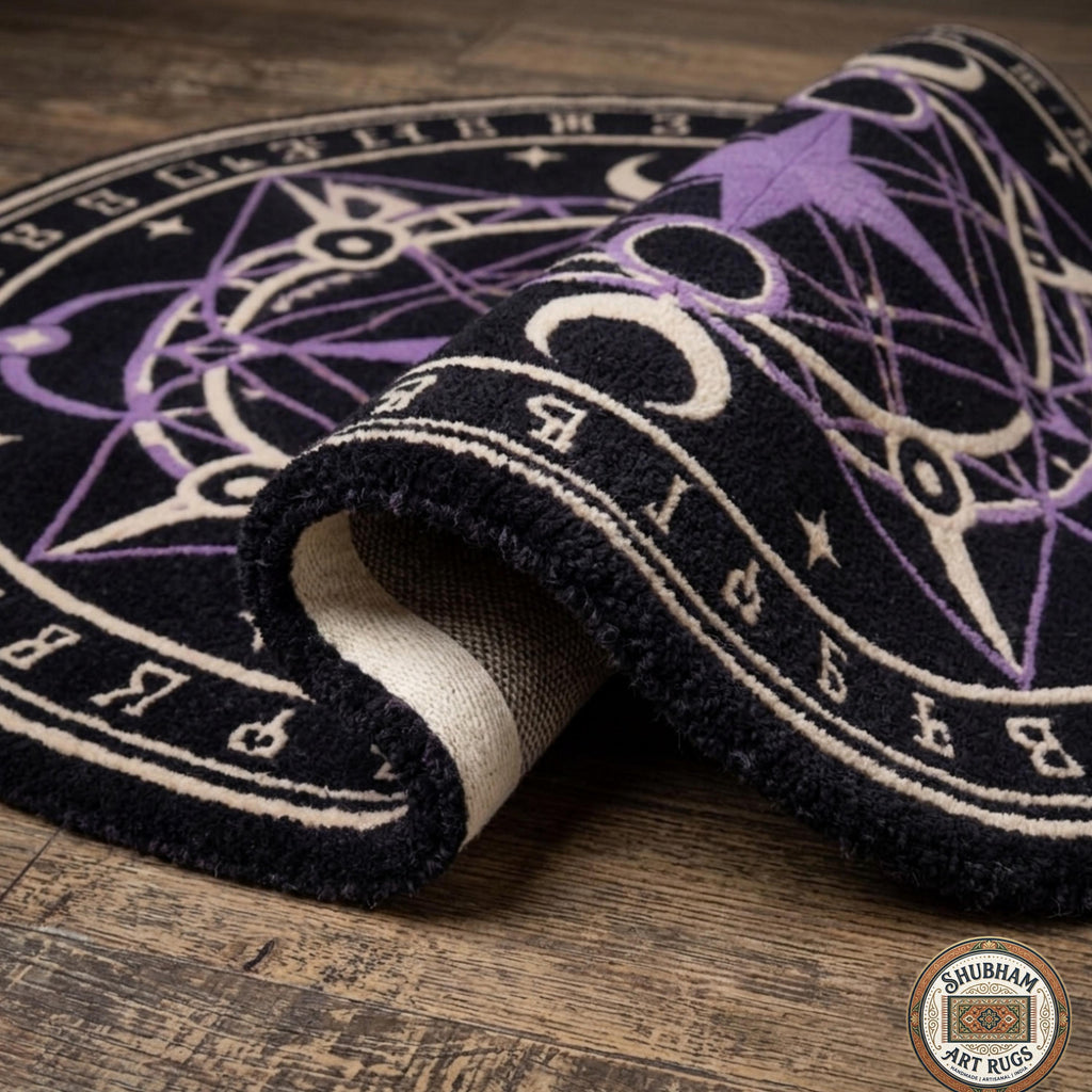 Hand Tufted Wool Celestial Magic Circle Rug, Purple Astrology Star Carpet, Witchy Decor