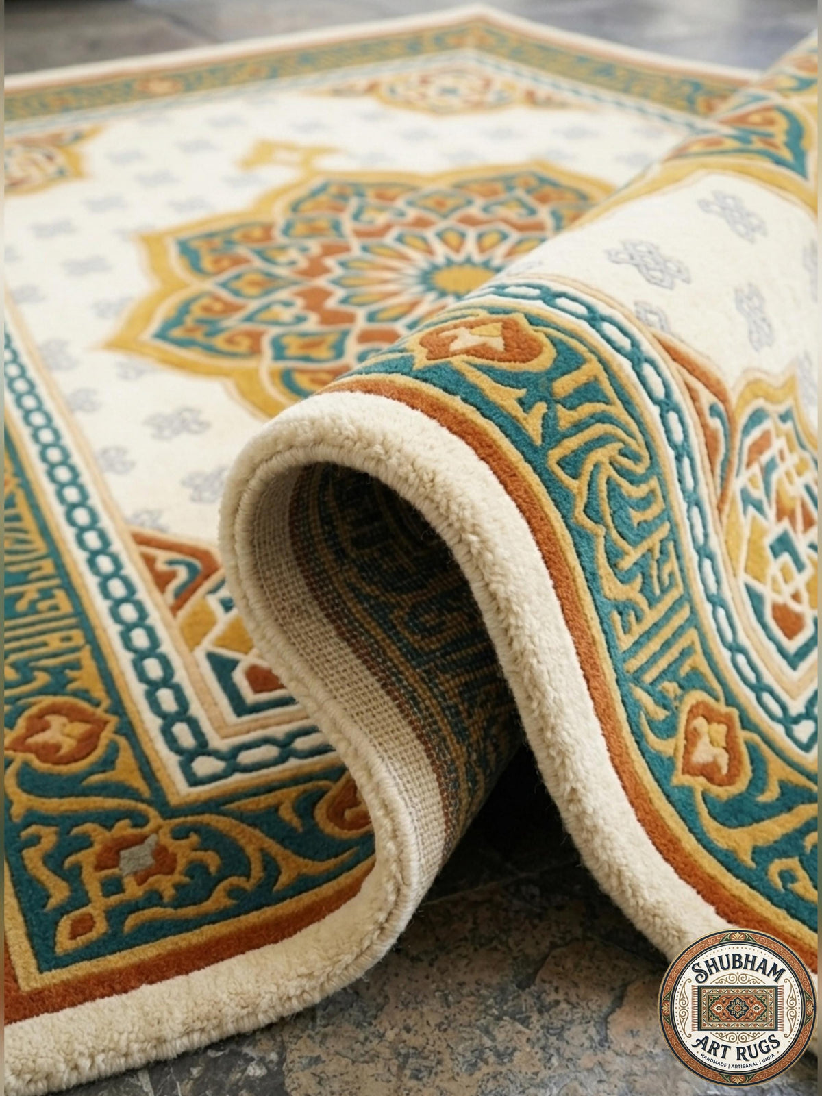 Hand Tufted Wool Rug, Islamic Moroccan Area Carpet, Cream Teal Gold Home Decor