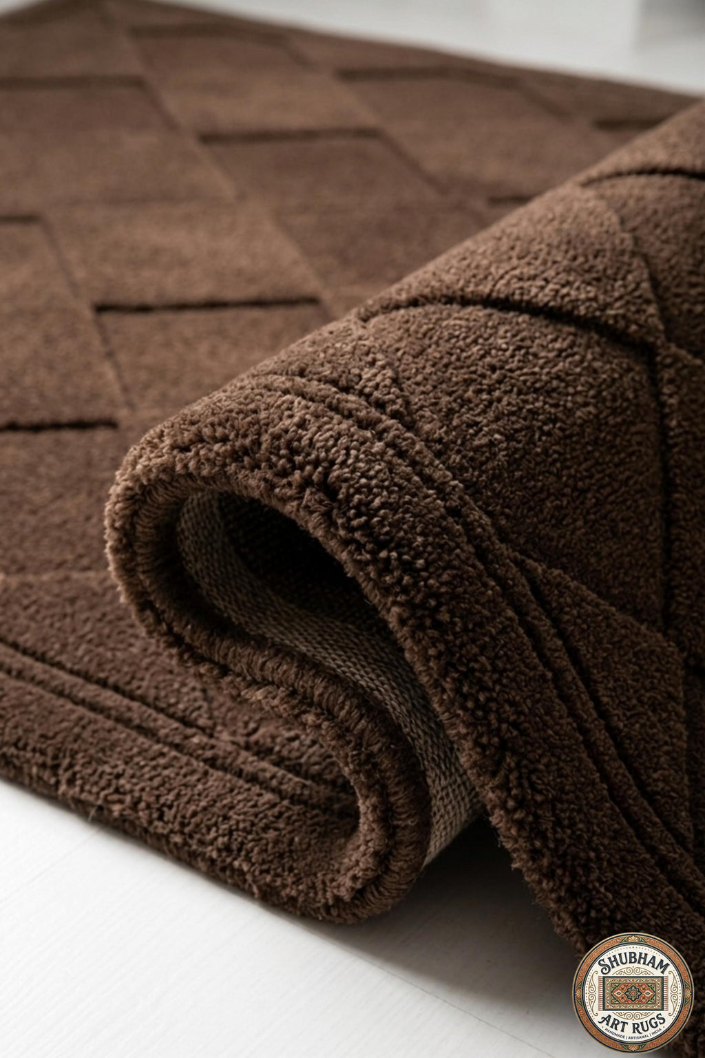 Hand Tufted Wool Rug: Brown Geometric Diamond Pattern, Plush Living Room Carpet