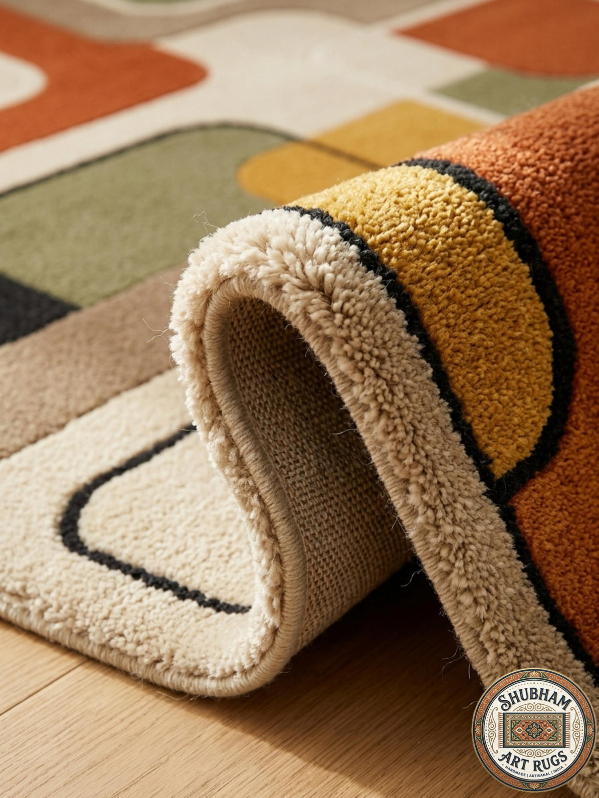 Hand Tufted Wool Rug, Mid Century Modern Abstract Geometric Carpet, Retro Runner