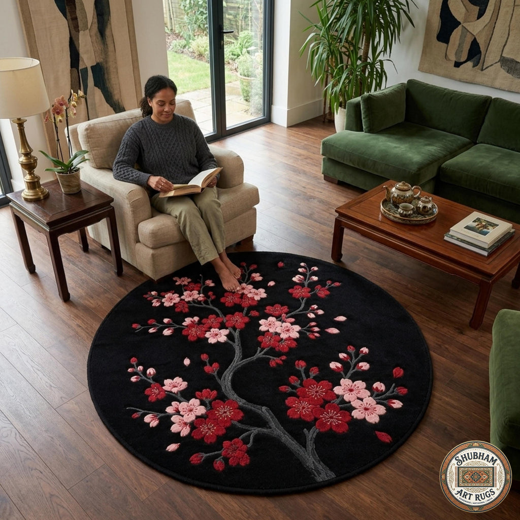 Hand Tufted Wool Cherry Blossom Rug, Japanese Floral Carpet, Black Pink Area Rug