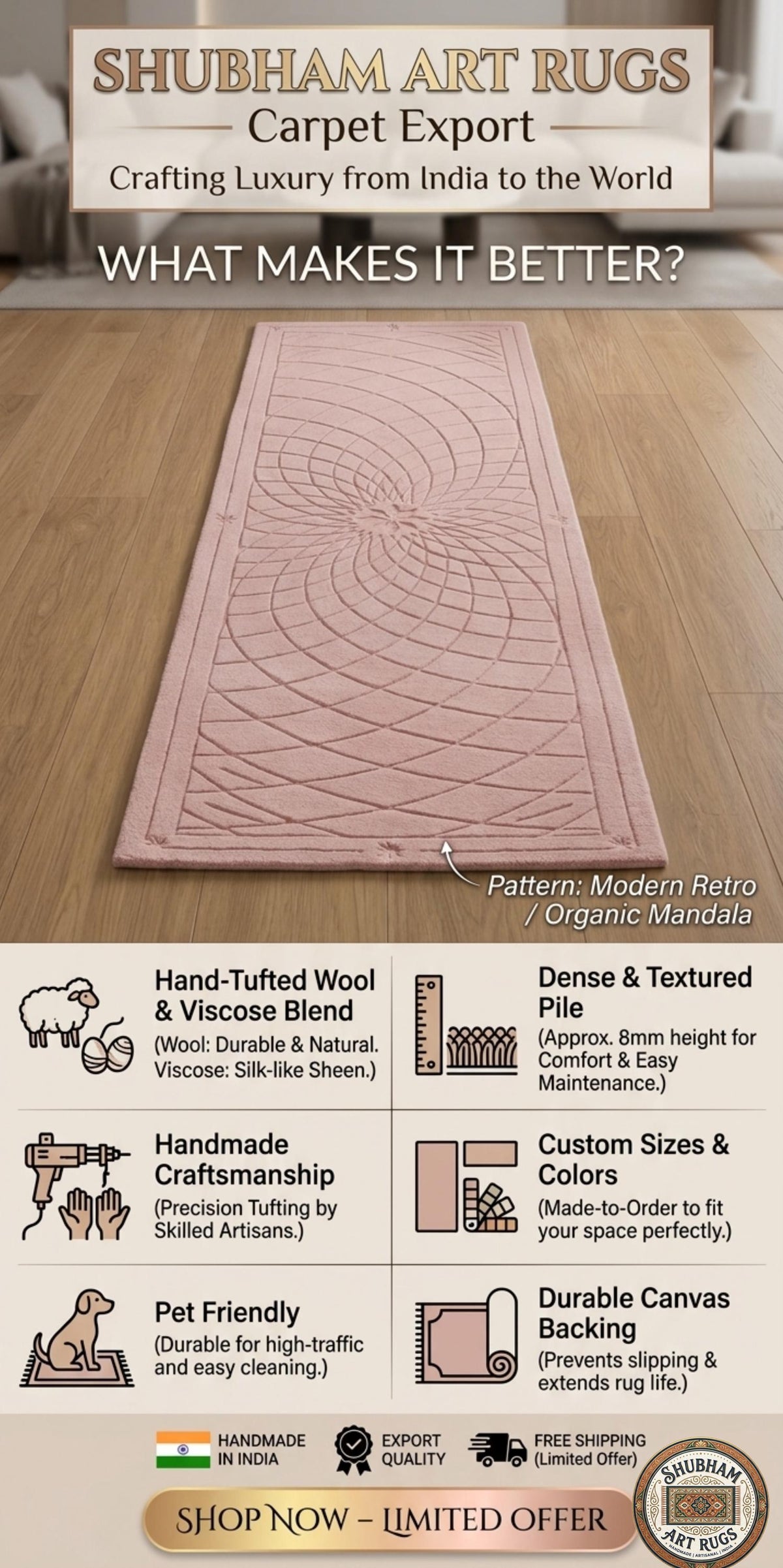 Hand Tufted Wool Runner Rug, Organic Mandala Carpet, New Zealand Wool Hallway