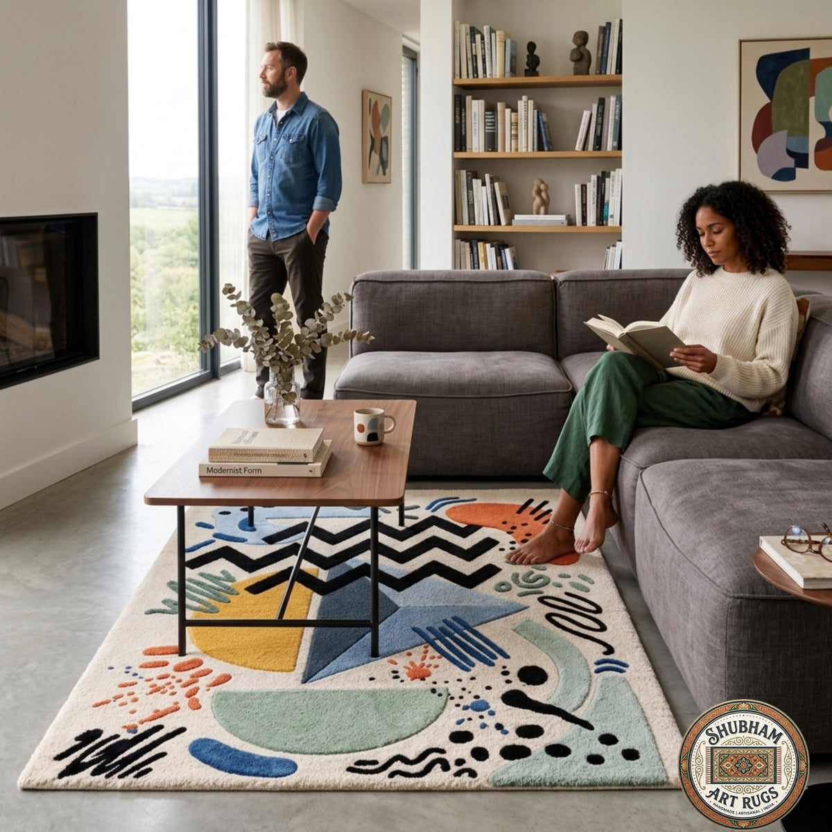 Abstract Hand Tufted Wool Rug, Geometric Indian Carpet, Luxury Living Room Area Rug