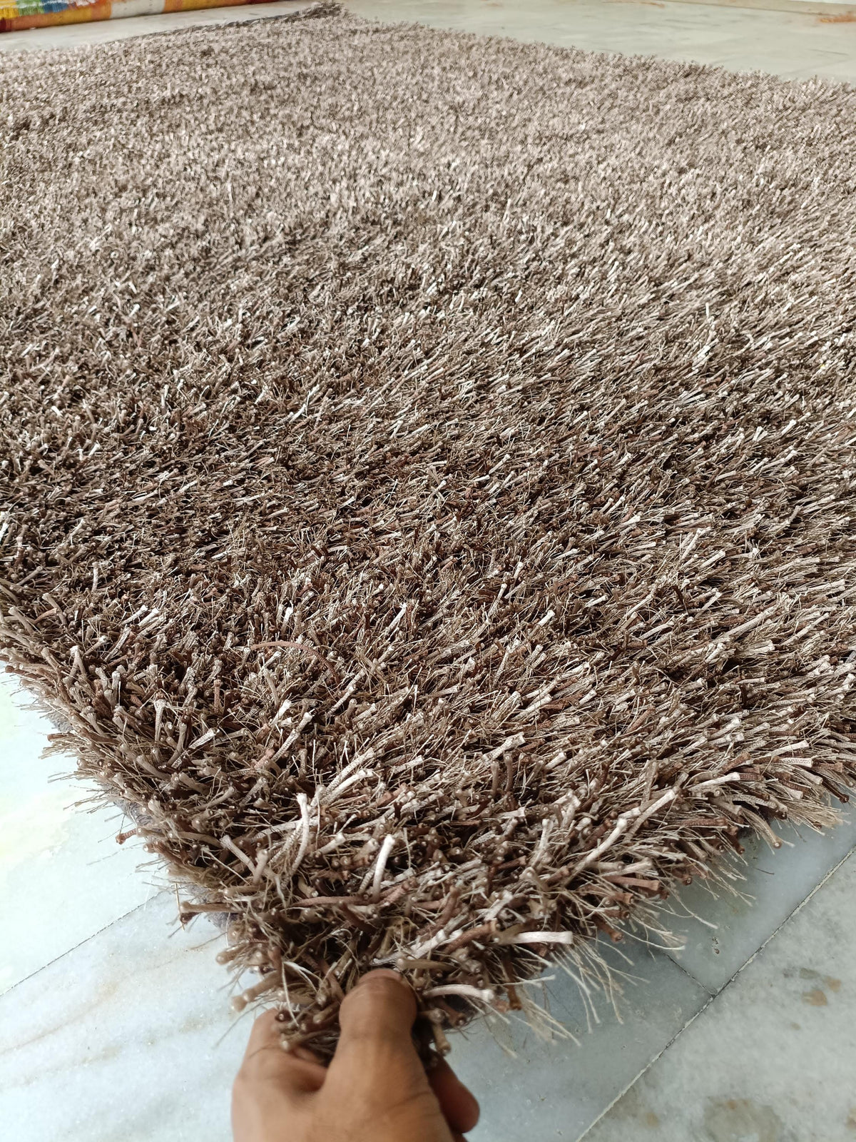 Shaggy Wool Silk Blend Rug 6x9 Ft Brown Beige Plush Modern Carpet