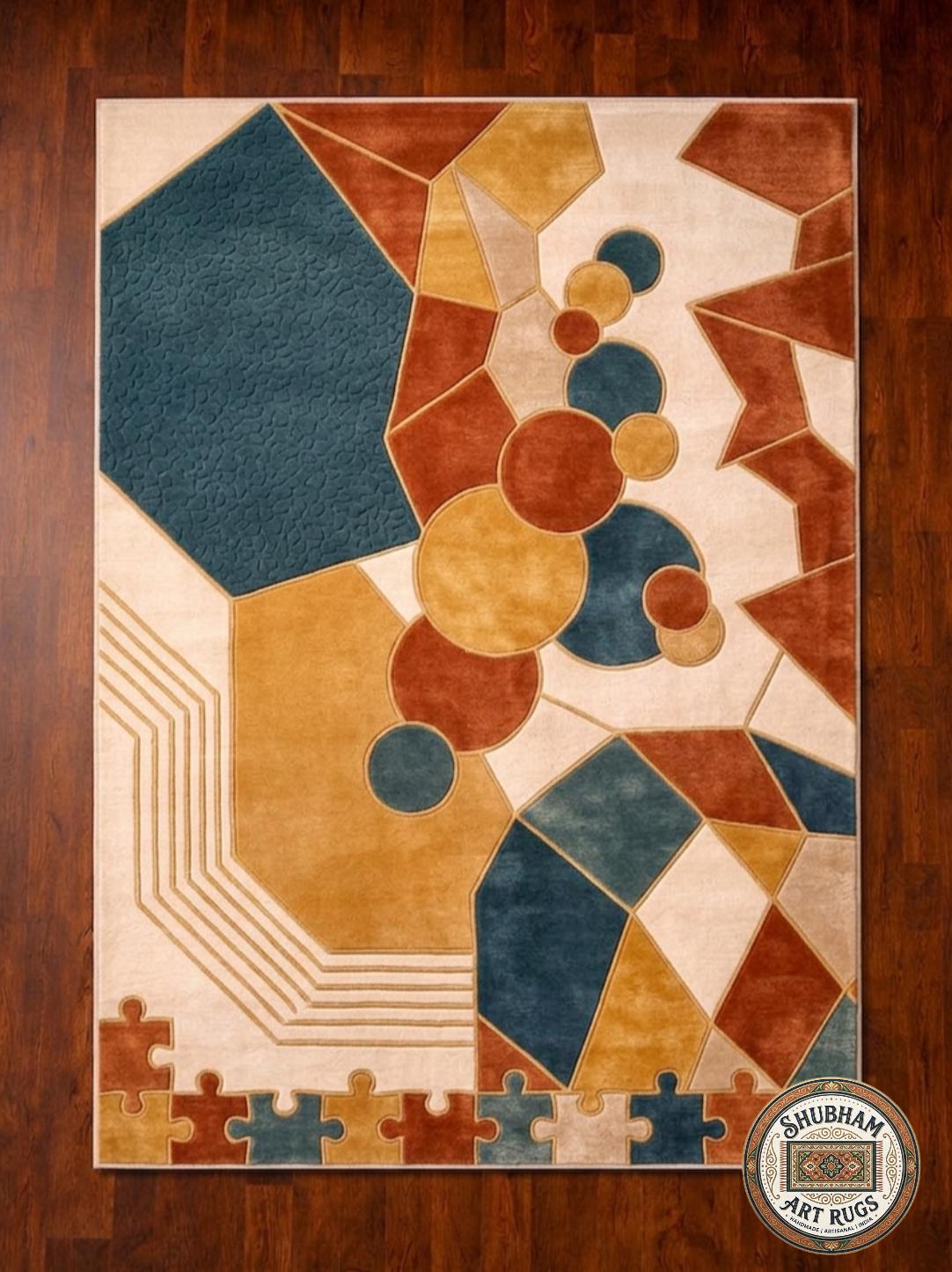 Hand Tufted Wool Rug, Abstract Geometric Puzzle Design, Modern Boho Carpet
