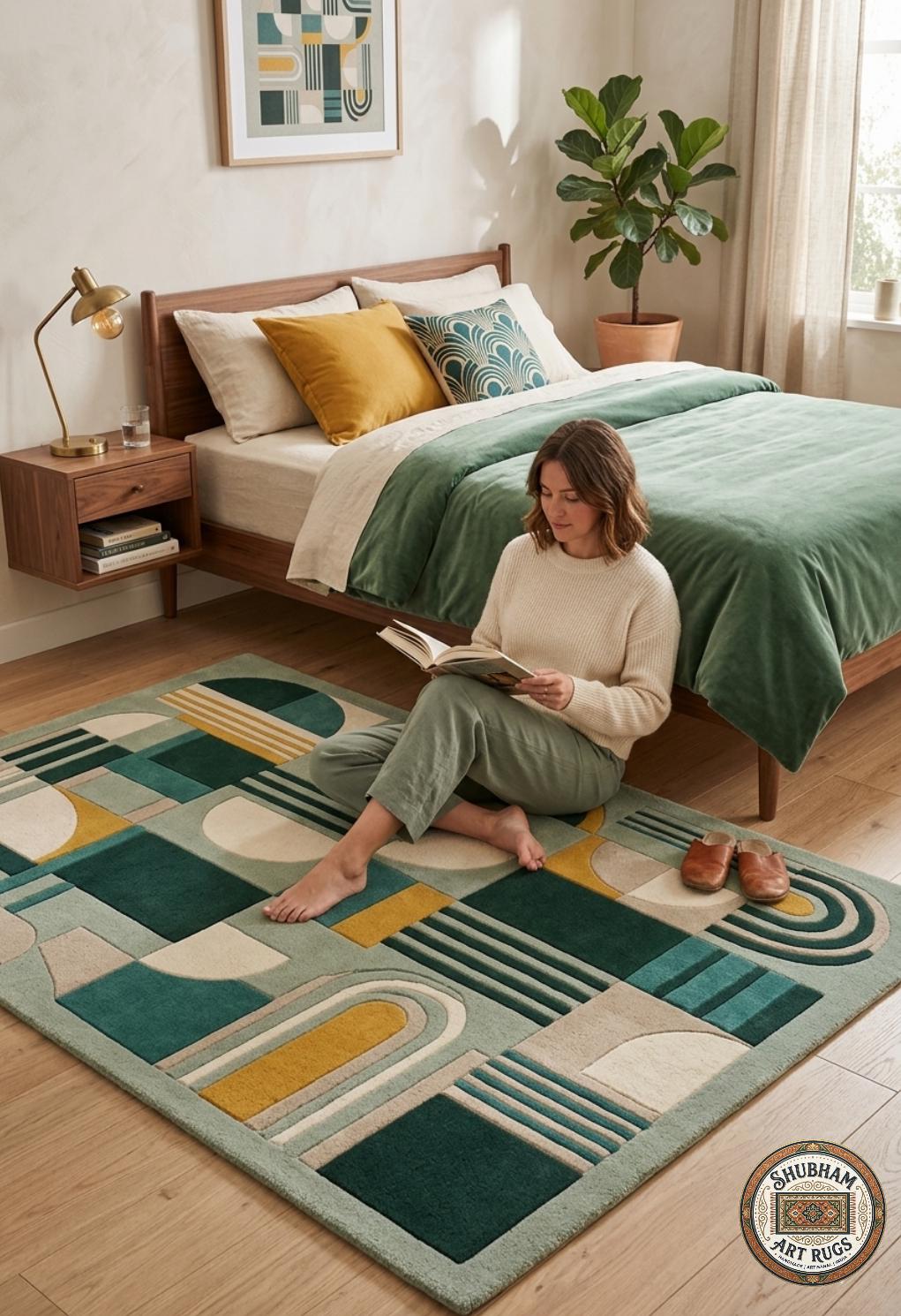 Sage Geometry Hand Tufted Wool Rug, Mid Century Modern Abstract Carpet
