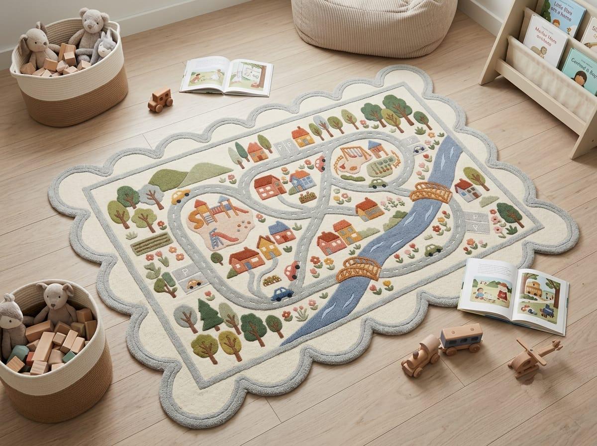 Hand Tufted New Zealand Wool Kids Road Map Rug Scalloped Border Playroom Boho Living Room Carpet