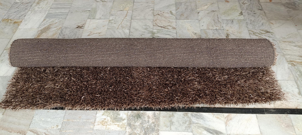 Shaggy Wool Silk Blend Rug 6x9 Ft Brown Beige Plush Modern Carpet