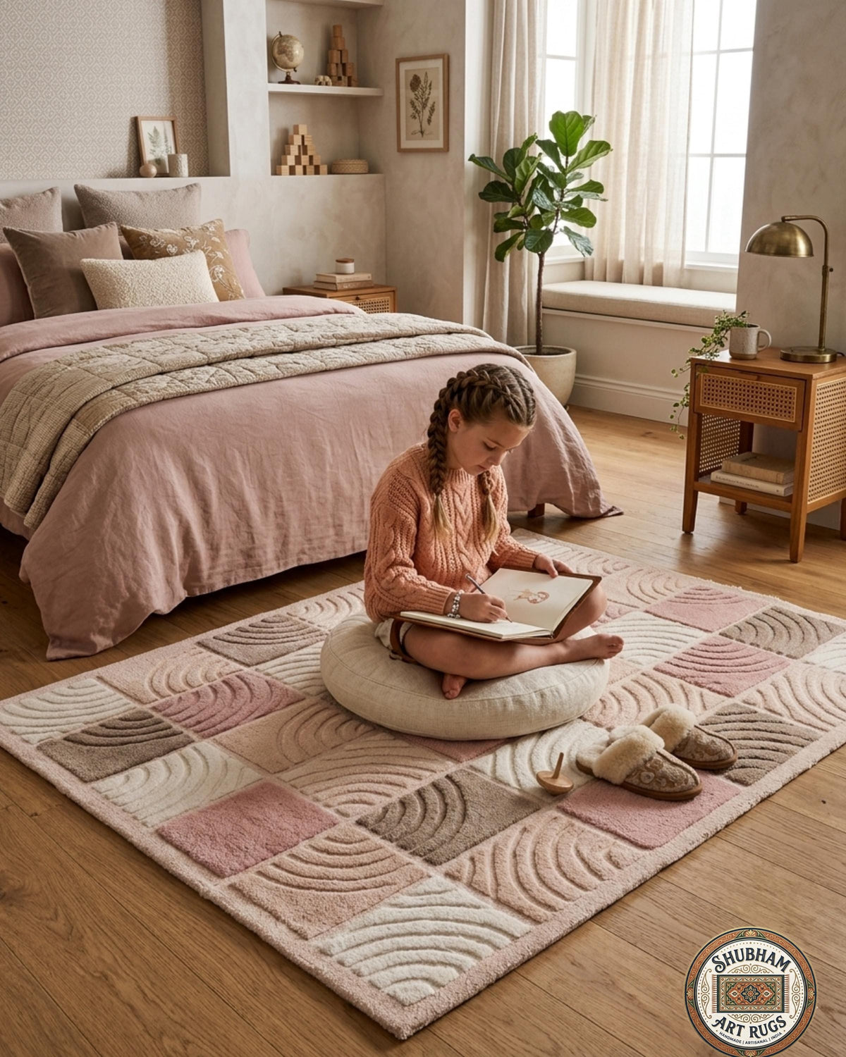 Hand Tufted Wool Rug, Soft Pink Beige Checkered Nursery Carpet, New Zealand wool
