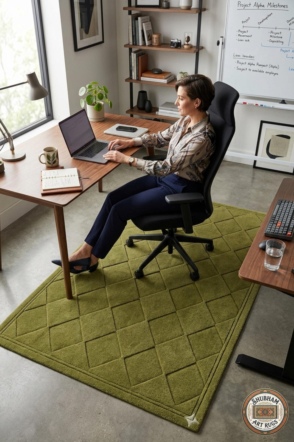 Hand Tufted Wool Rug: Green Geometric Diamond Carpet, Soft Dense Pile