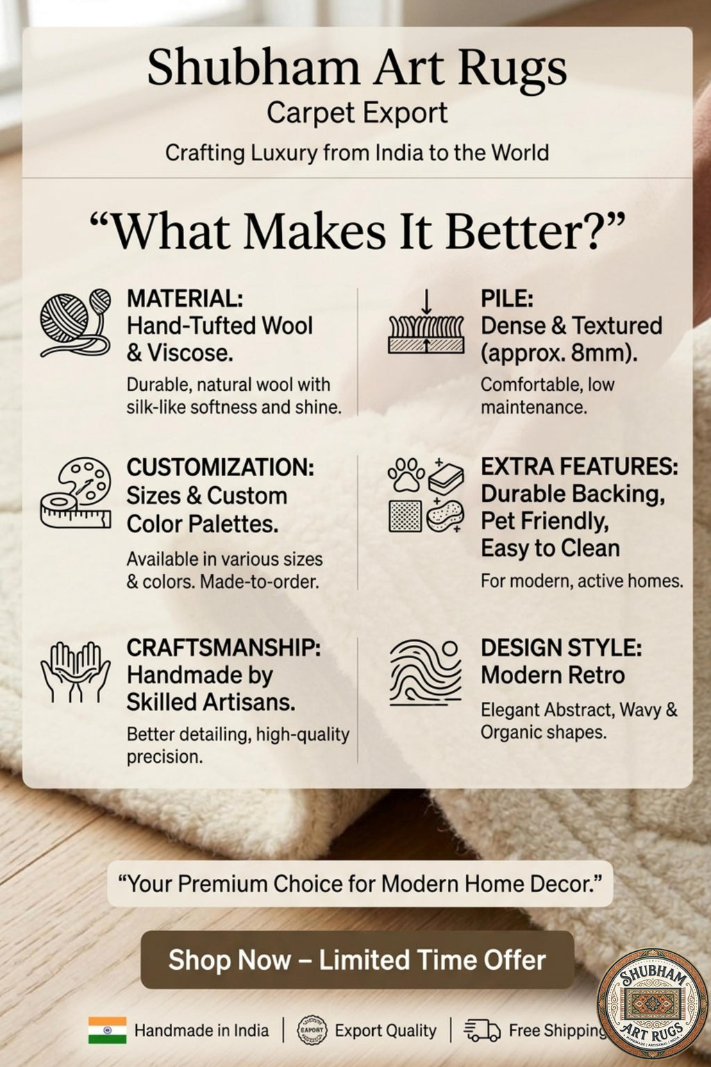 Hand Tufted Wool Rug: Ivory Geometric Diamond, Plush Modern Carpet