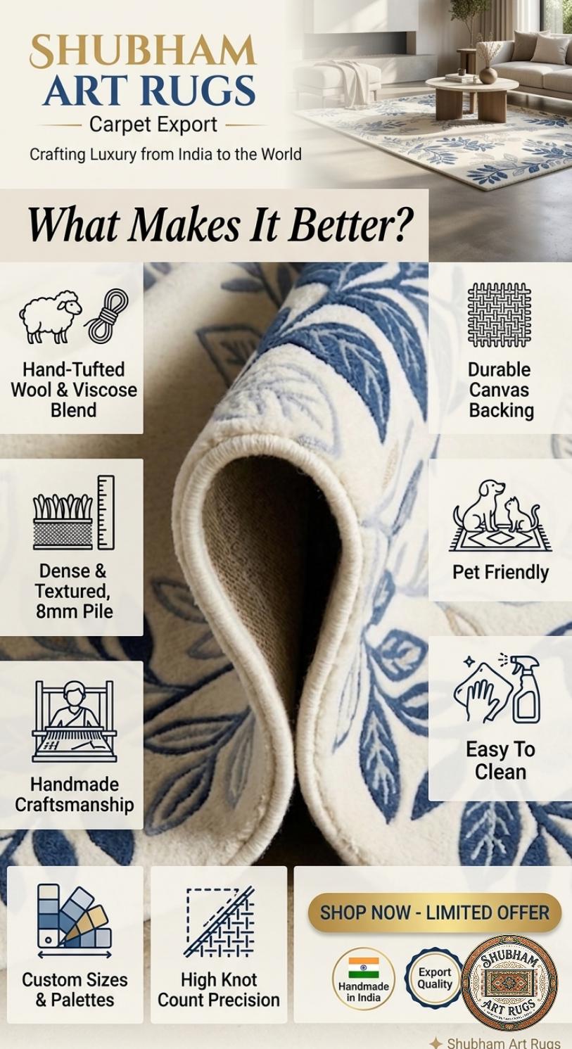Blue Floral Hand Tufted Wool Rug, Botanical Area Carpet, Living Room Bedroom Home