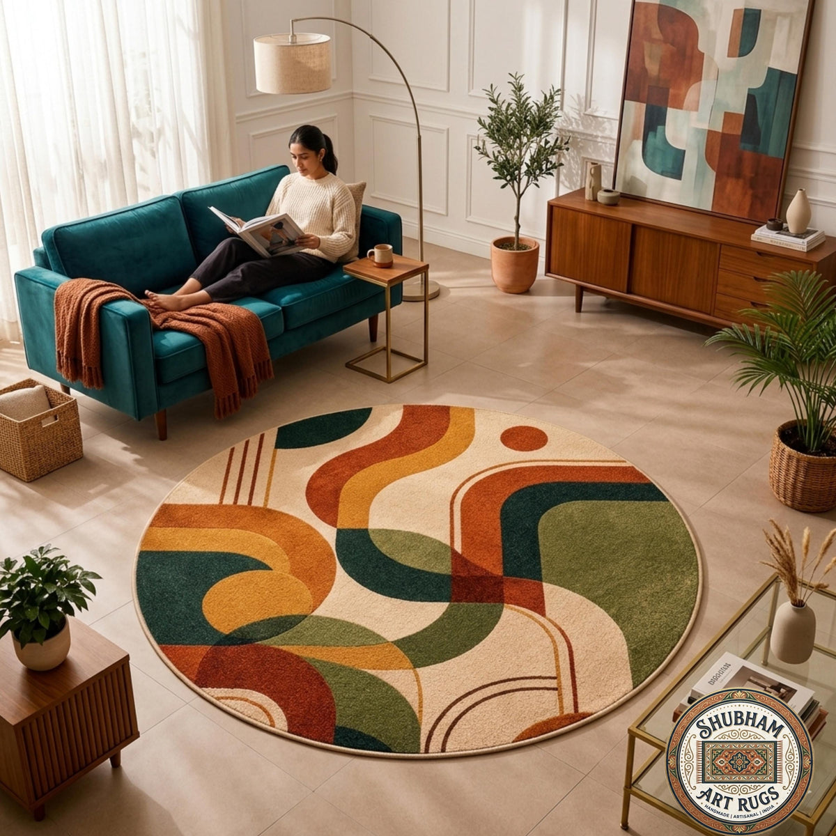 Hand Tufted Wool Rug, Modern Retro Abstract Geometric Carpet, Living Room Decor