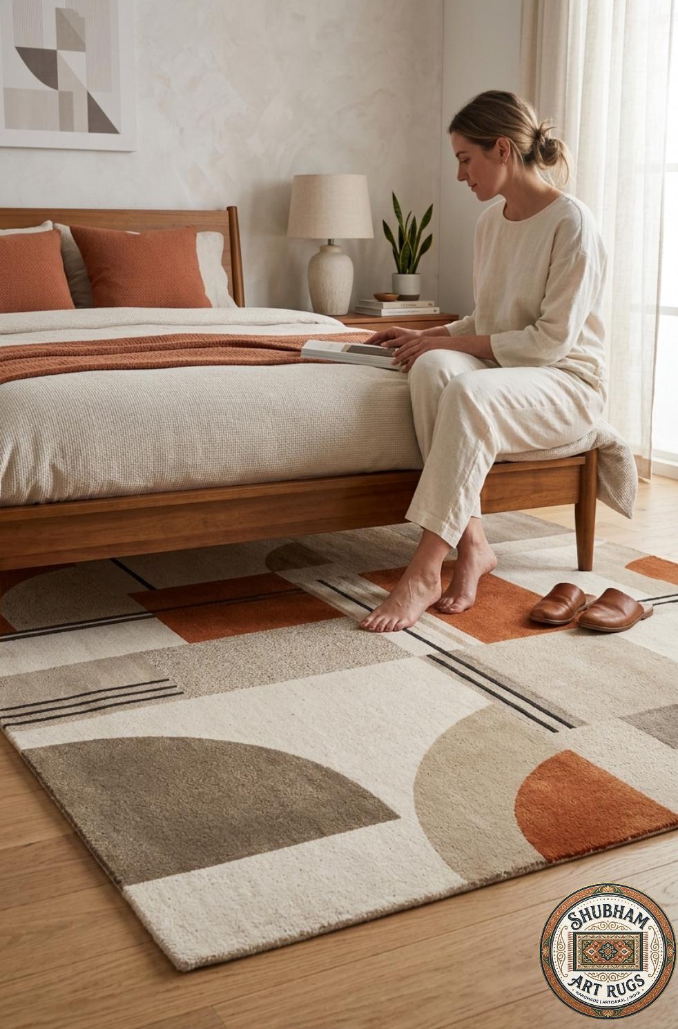 Hand Tufted Wool Rug, Geometric Mid Century Abstract Carpet, Neutral Living Room Area Rug