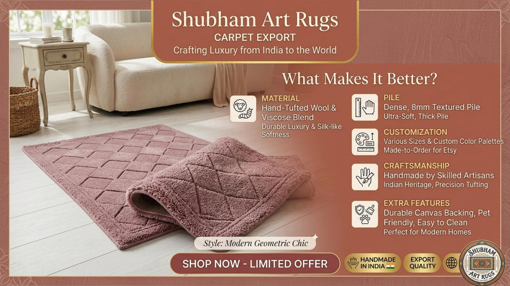 Hand Tufted Wool Rug: pink Geometric Diamond, Modern Minimalist Carpet, Soft Dense Pile