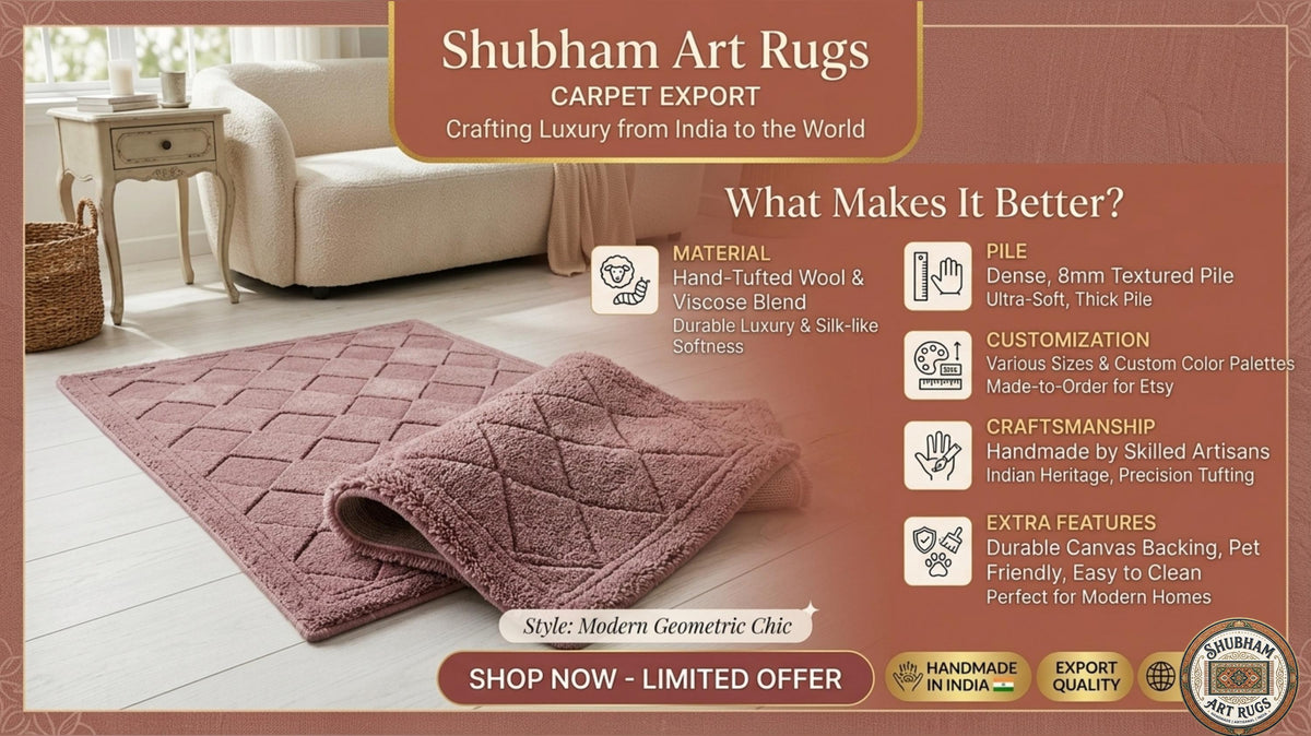 Hand Tufted Wool Rug: pink Geometric Diamond, Modern Minimalist Carpet, Soft Dense Pile
