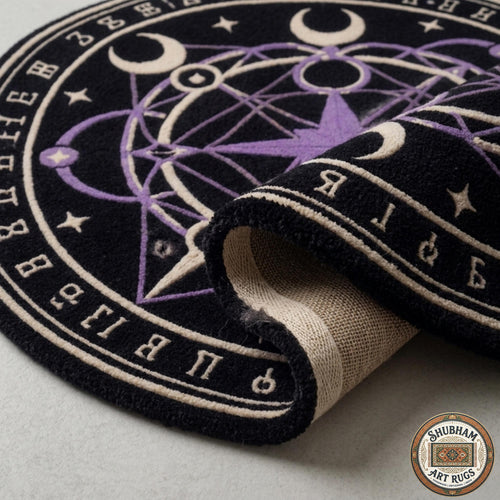 Hand Tufted Wool Celestial Magic Circle Rug, Purple Astrology Star Carpet, Witchy Decor