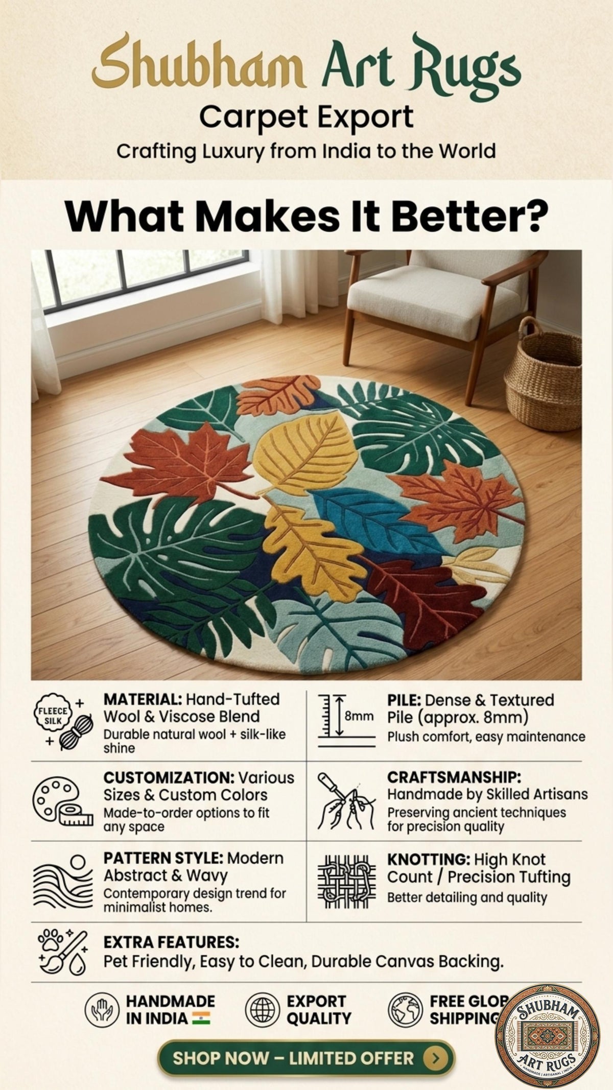 Hand Tufted Leaf Rug, Wool Botanical Carpet, Nature Area Rug, Custom Size