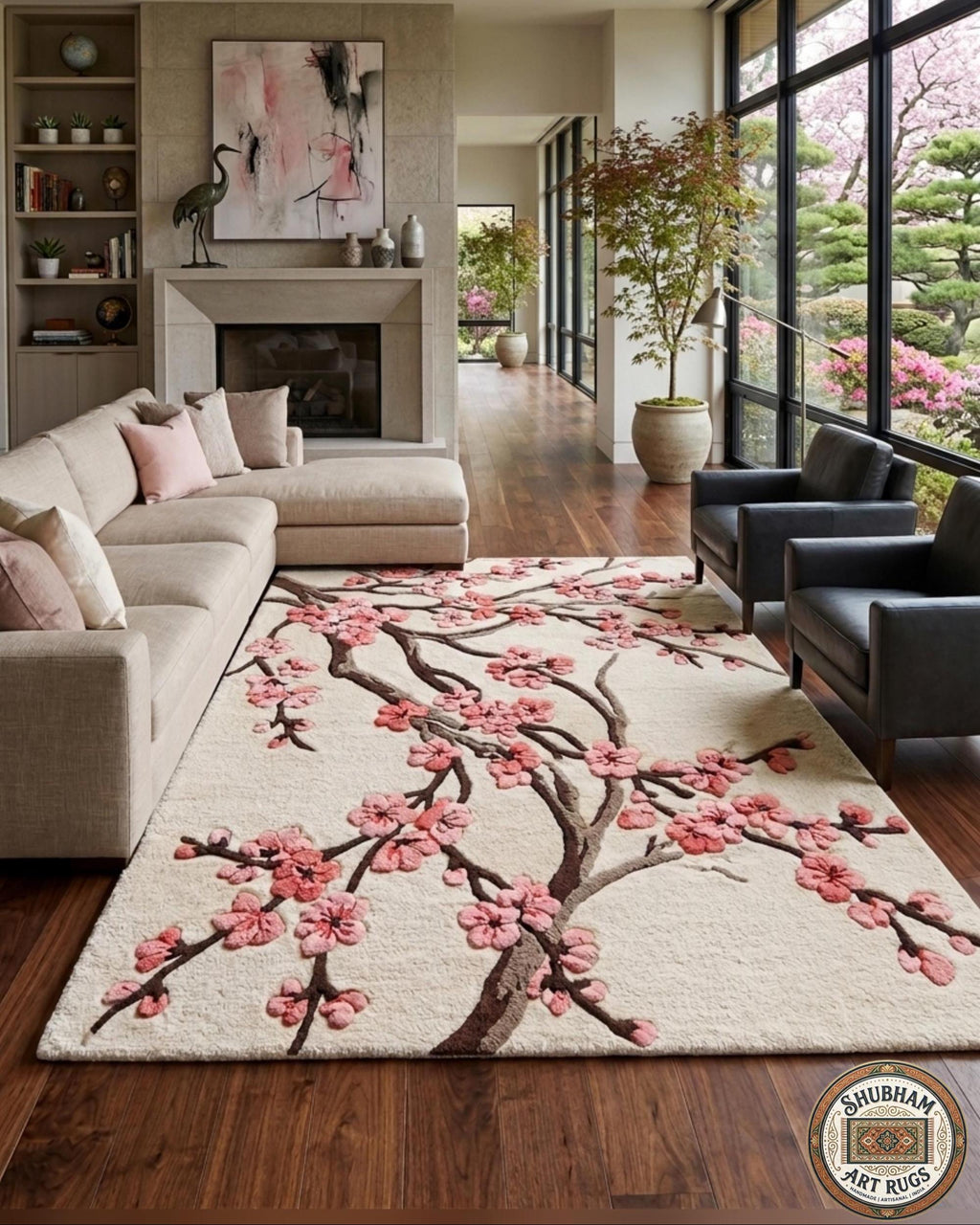 Hand Tufted Wool Cherry Blossom Rug, Sakura Floral Area Carpet, Luxury Decor