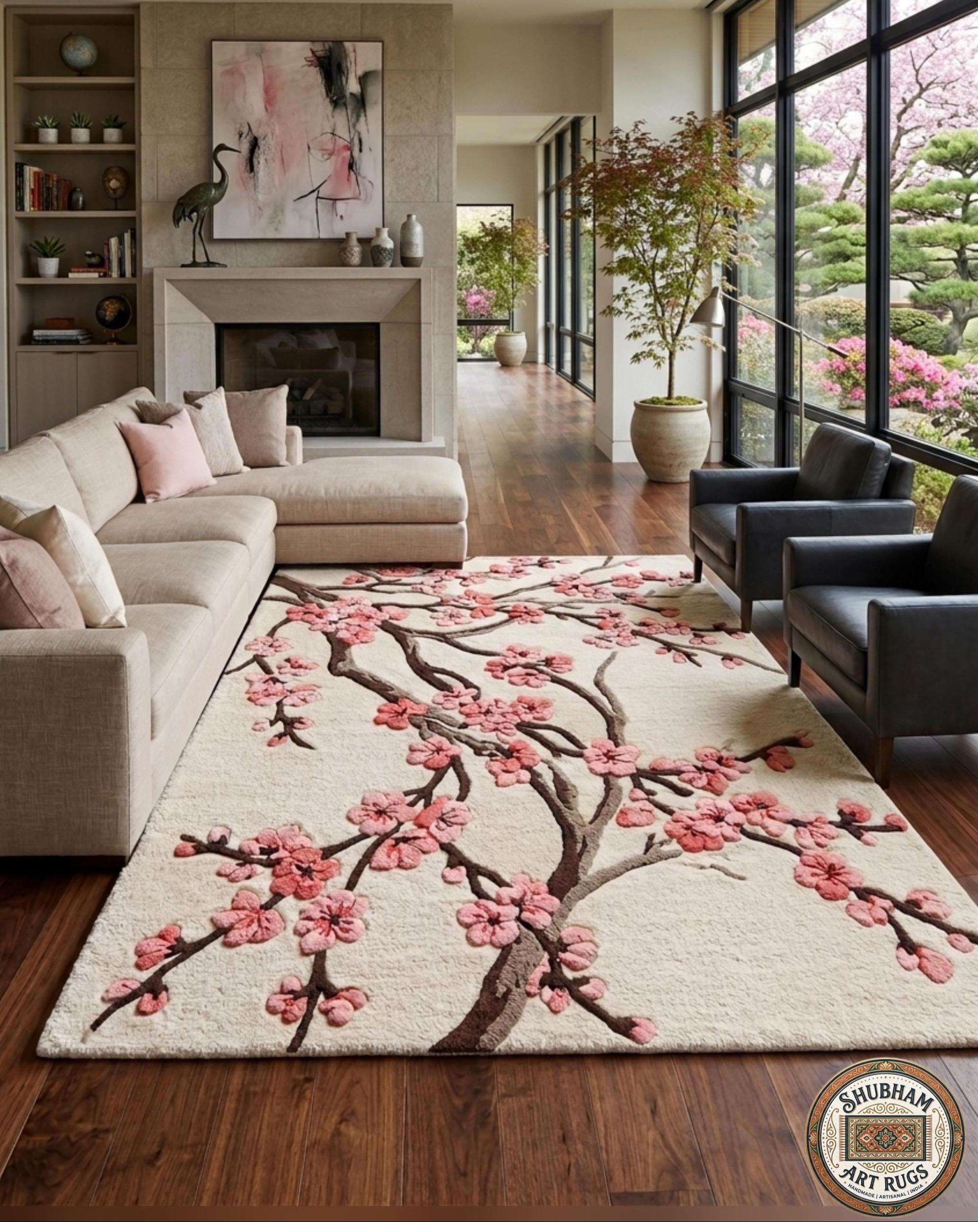 Hand Tufted Wool Cherry Blossom Rug, Sakura Floral Area Carpet, Luxury Decor