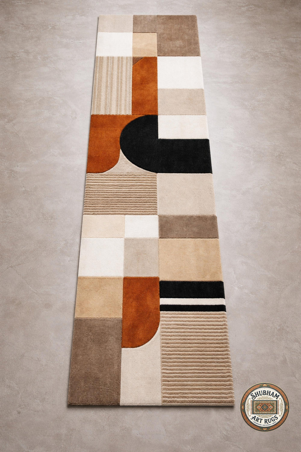 Hand Tufted Wool Rug, Modern Abstract Geometric Beige Terracotta Black Carpet