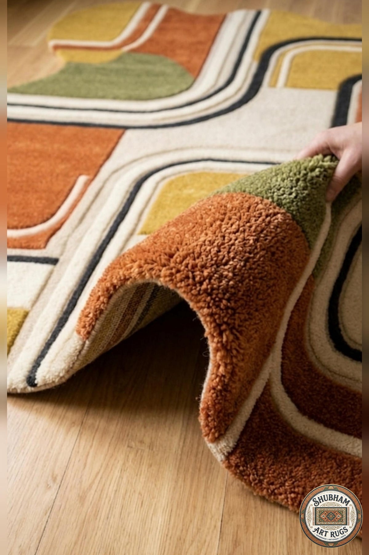 Hand Tufted Wool Wavy Rug, Organic Mid Century Modern Boho Carpet
