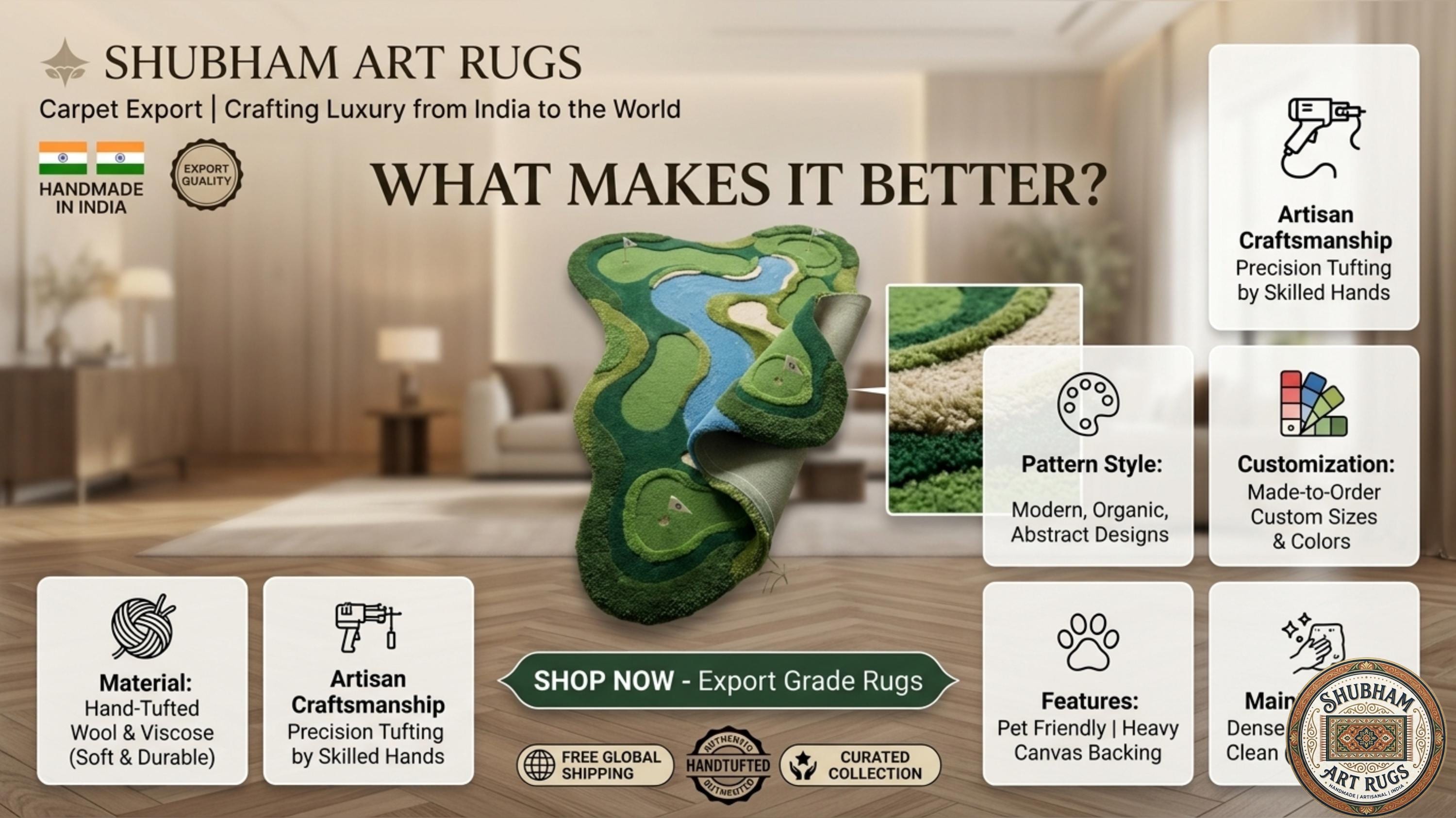 Hand Tufted Wool Golf Course Rug, Luxury Modern Floor Decor New Zealand Wool