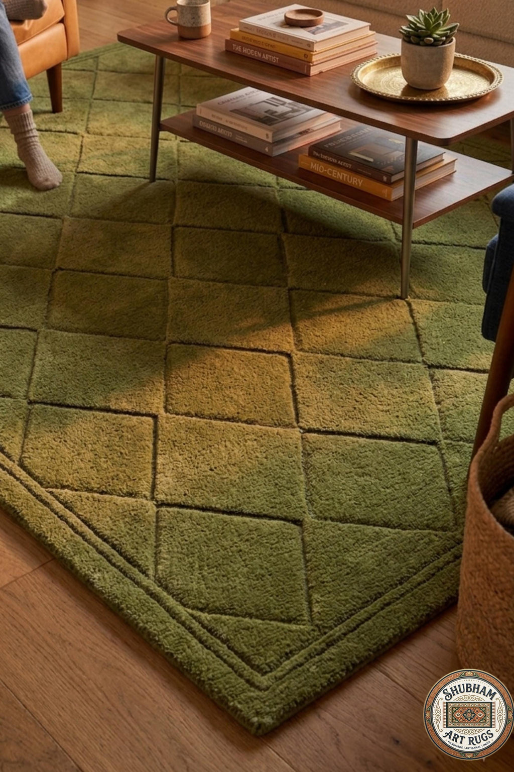 Hand Tufted Wool Rug: Green Geometric Diamond Carpet, Soft Dense Pile