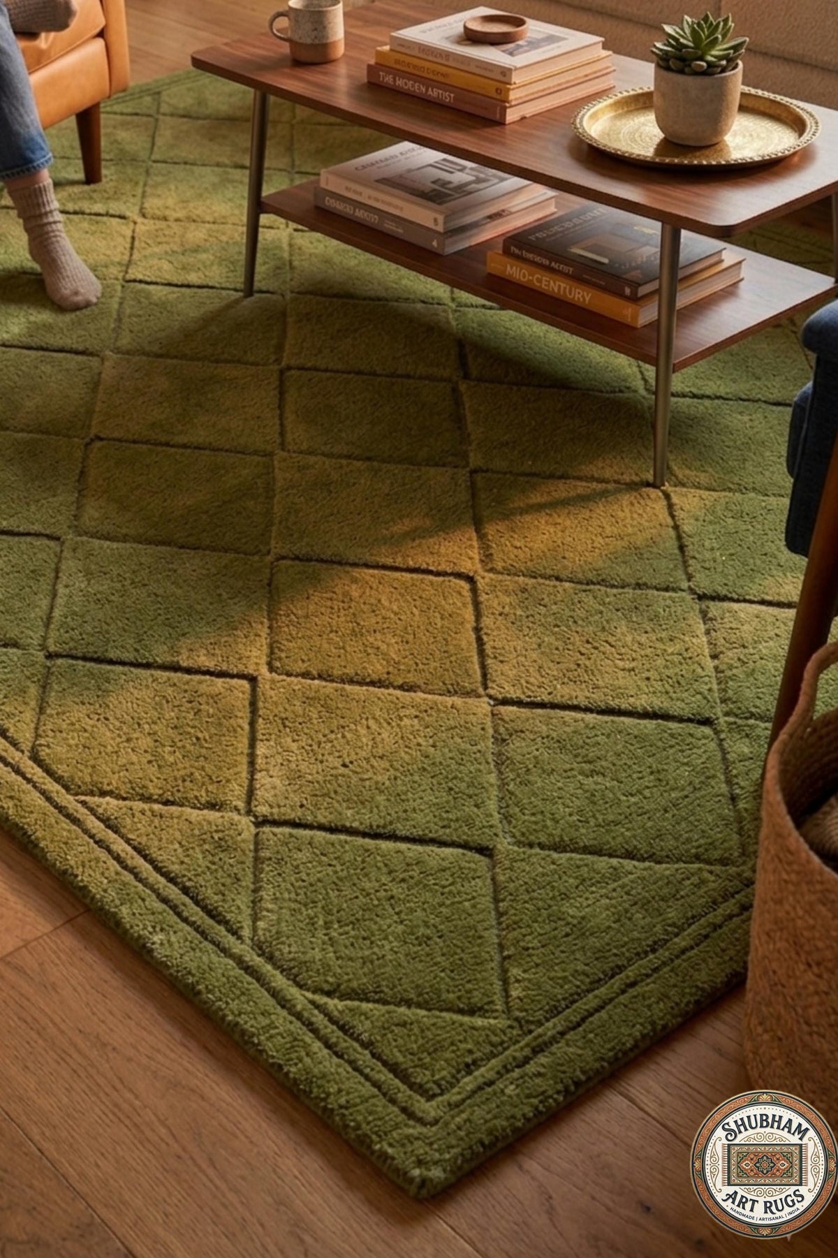 Hand Tufted Wool Rug: Green Geometric Diamond Carpet, Soft Dense Pile