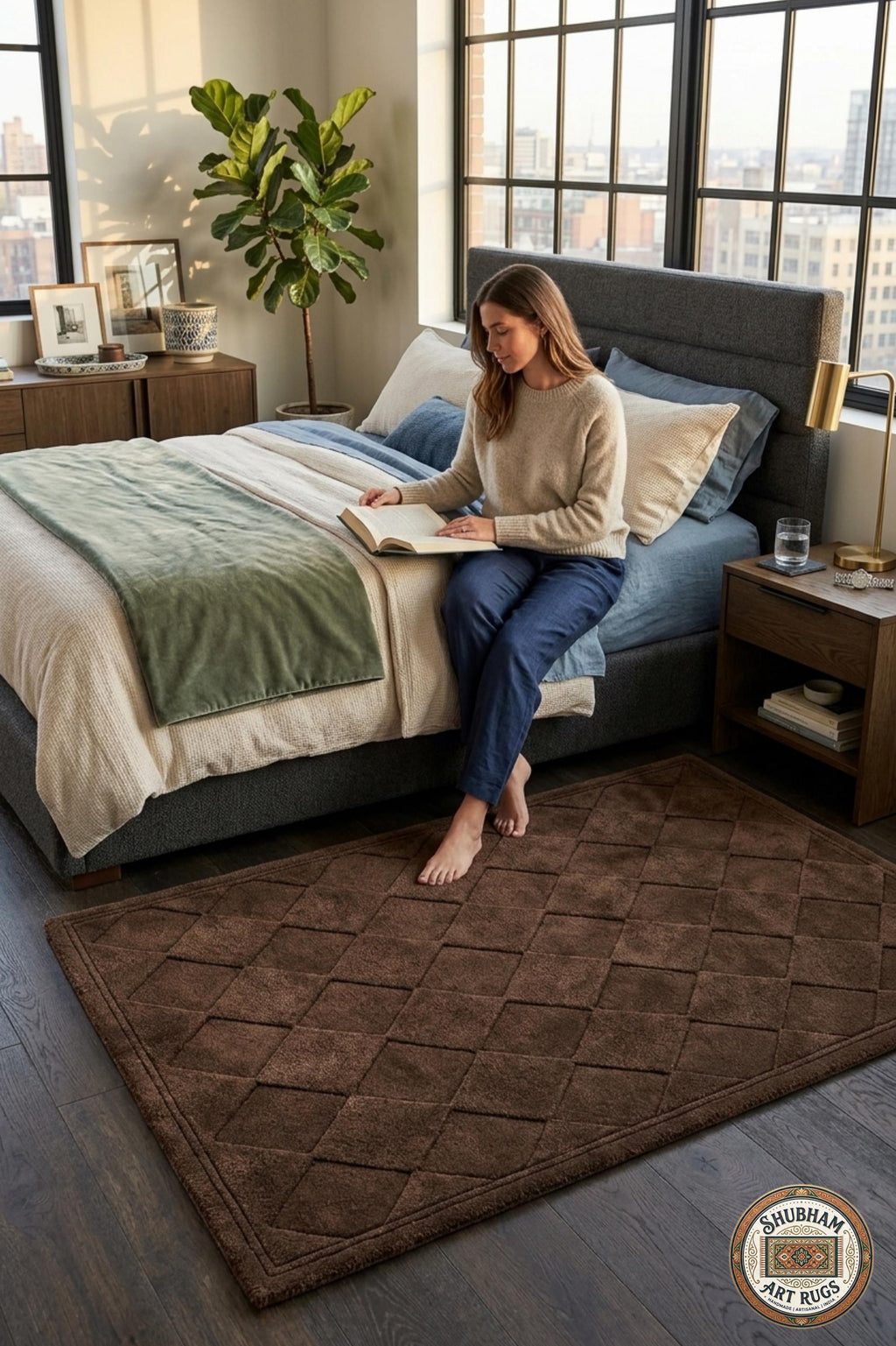 Hand Tufted Wool Rug: Brown Geometric Diamond Pattern, Plush Living Room Carpet