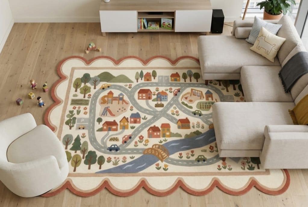 Hand Tufted New Zealand Wool Rug Kids Road Map Playroom & Nursery Area Carpet