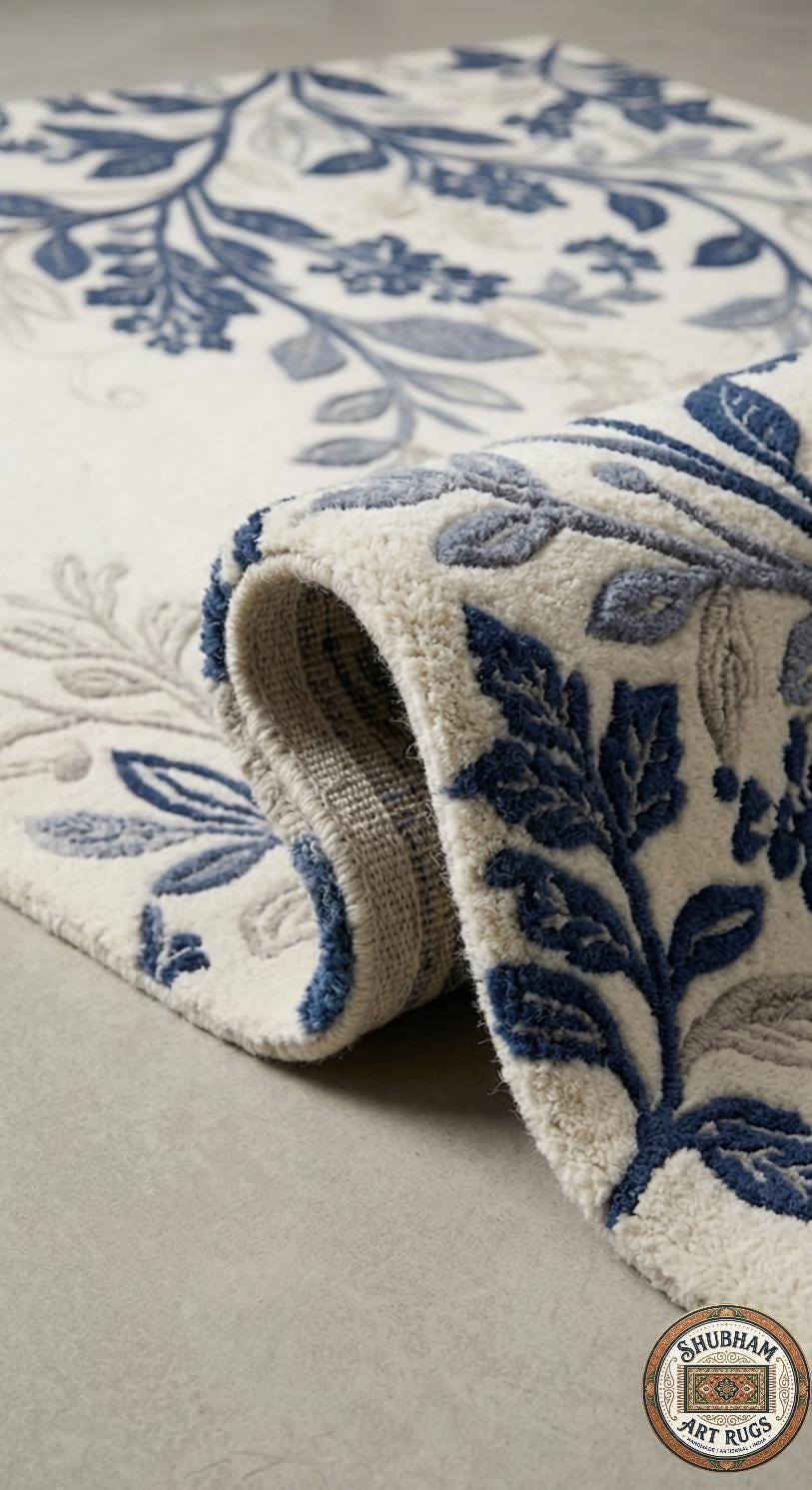 Hand Tufted Wool Botanical Rug, Blue Floral Area Carpet, Farmhouse Living Room Decor