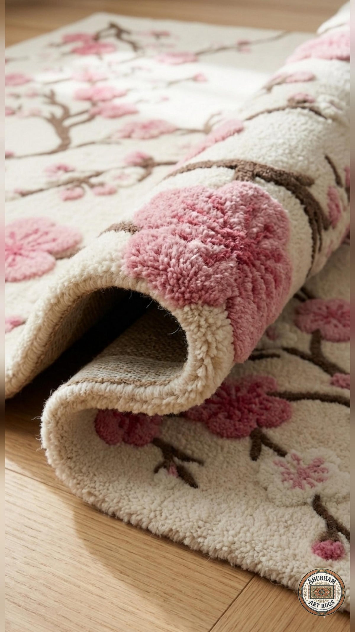 Hand Tufted Wool Cherry Blossom Rug, New Zealand Wool Botanical Carpet