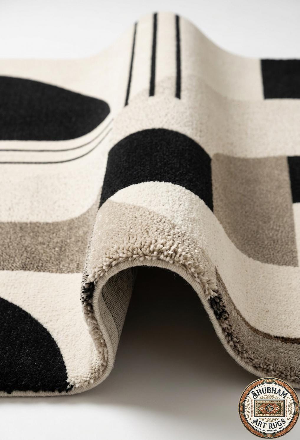 Hand Tufted Wool Rug, Modern Geometric Abstract Carpet, Black Beige Living Room